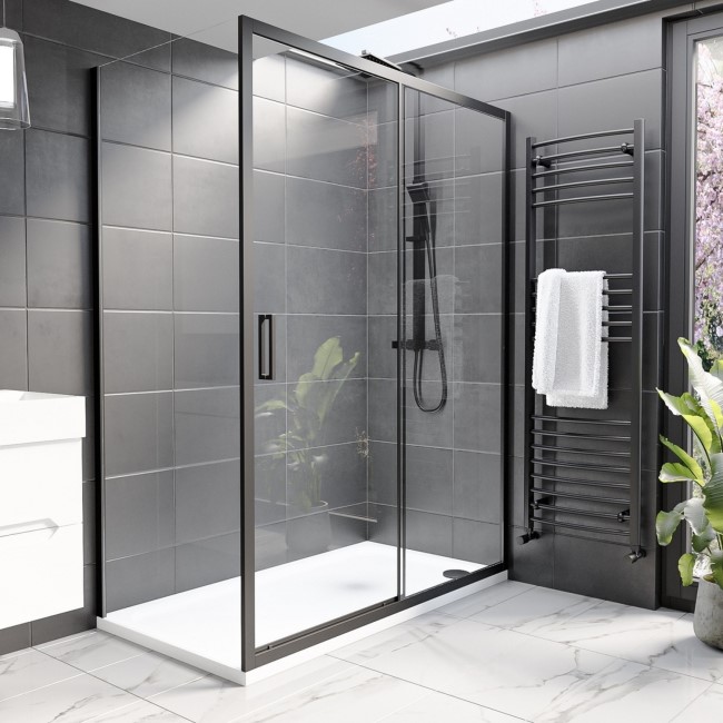 Black 8mm Glass Rectangular Sliding Shower Enclosure with Shower Tray 1400x900mm- Pavo