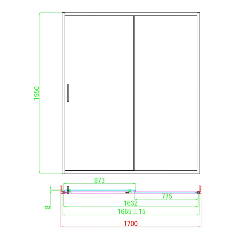 1700mm Black Sliding Shower Door 8mm Glass - Pavo