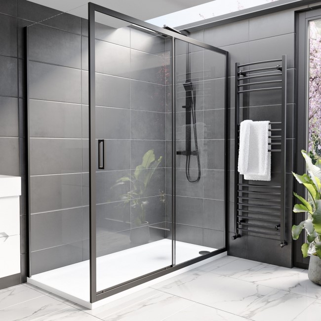 1700x900mm Black Rectangular Sliding Shower Enclosure with Shower Tray - Pavo