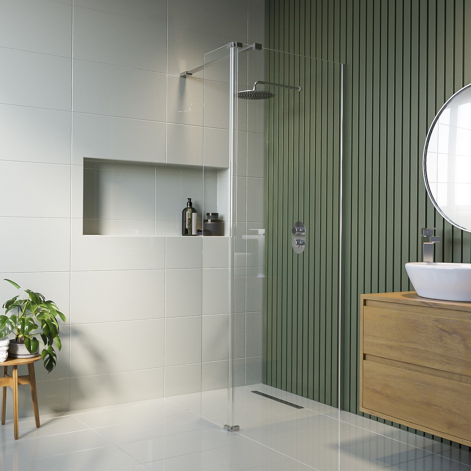 Walk In Shower 800mm Frameless with 300mm Hinged Flipper Panel and Wall