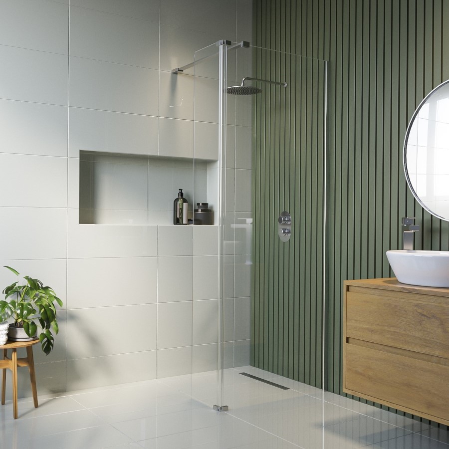 900mm Chrome Shower Screen for Wet Room & Walk In Shower with 300mm Hinged Flipper Panel – Corvus