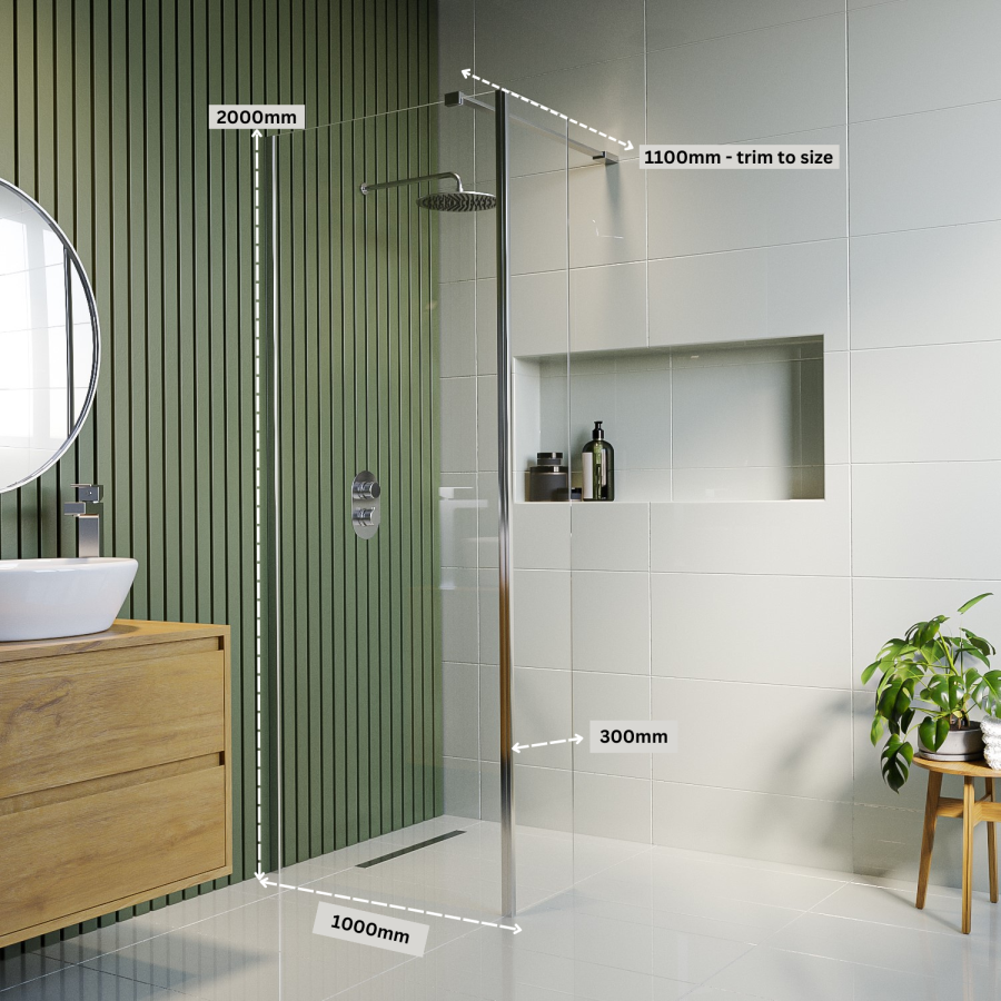 Grade A1 - 1000mm Frameless Wet Room Shower Screen with 300mm Fixed Panel - Corvus