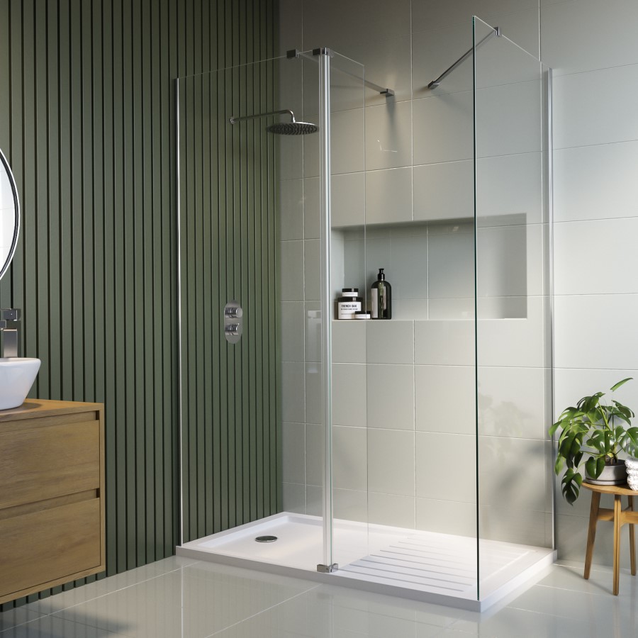 1600x800mm Chrome Walk In Shower Screen Enclosure with 300mm Hinged Flipper Panel and Shower Tray - Corvus