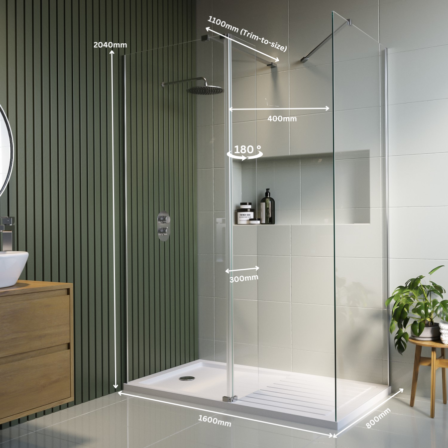 1600x800mm Chrome Walk In Shower Screen Enclosure with 300mm Hinged Flipper Panel and Shower Tray - Corvus