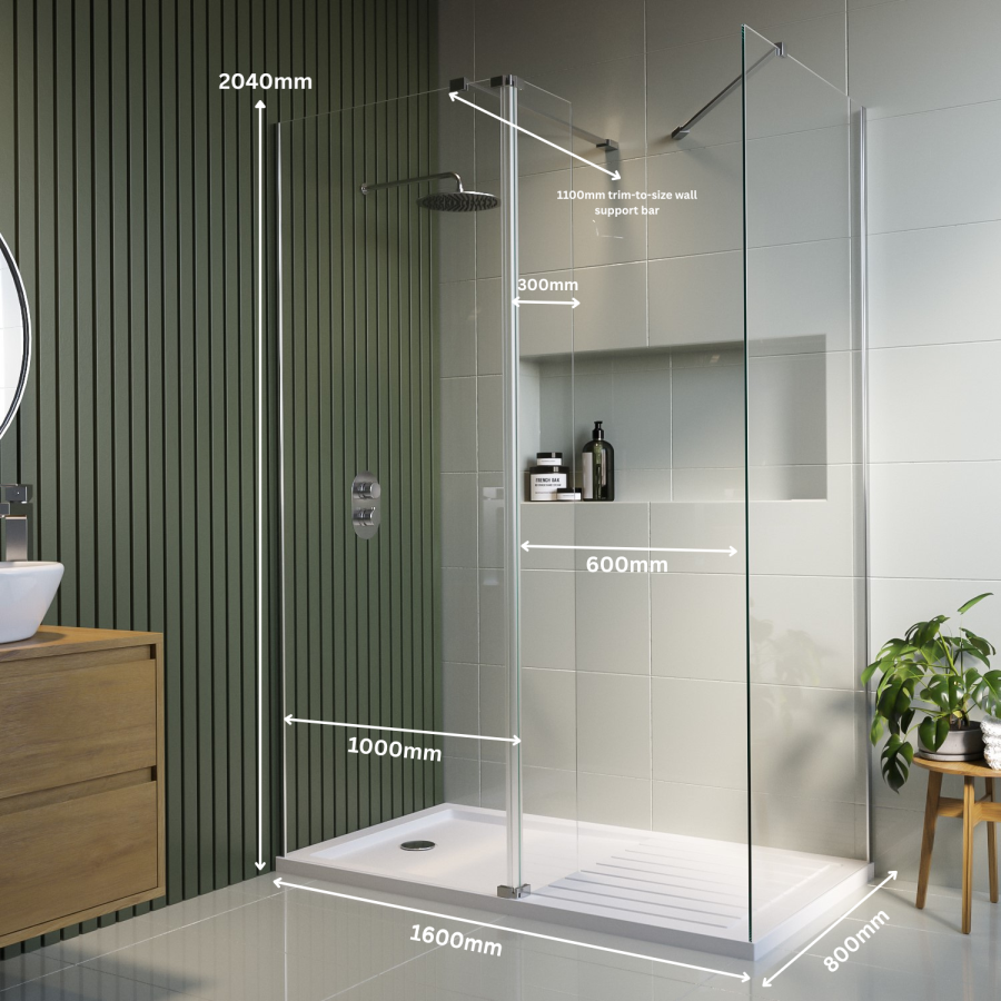 1600x800mm Chrome Walk-In Shower Screen Enclosure with 300mm Hinged Flipper Panel and Shower Tray – Corvus