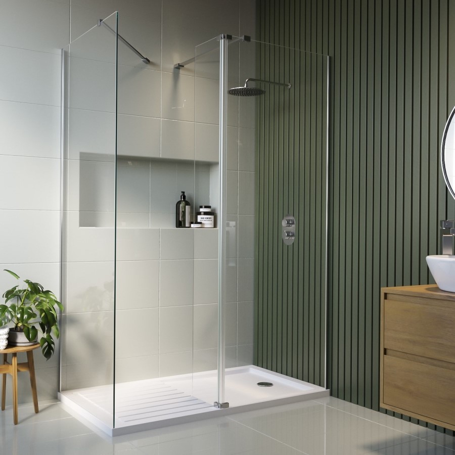 1600x800mm Chrome Walk In Shower Screen Enclosure with 300mm Hinged Flipper Panel and Shower Tray - Corvus
