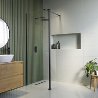 1400mm Matt blackFrameless Wet Room Shower Screen with Hinged Return Panel - Corvus