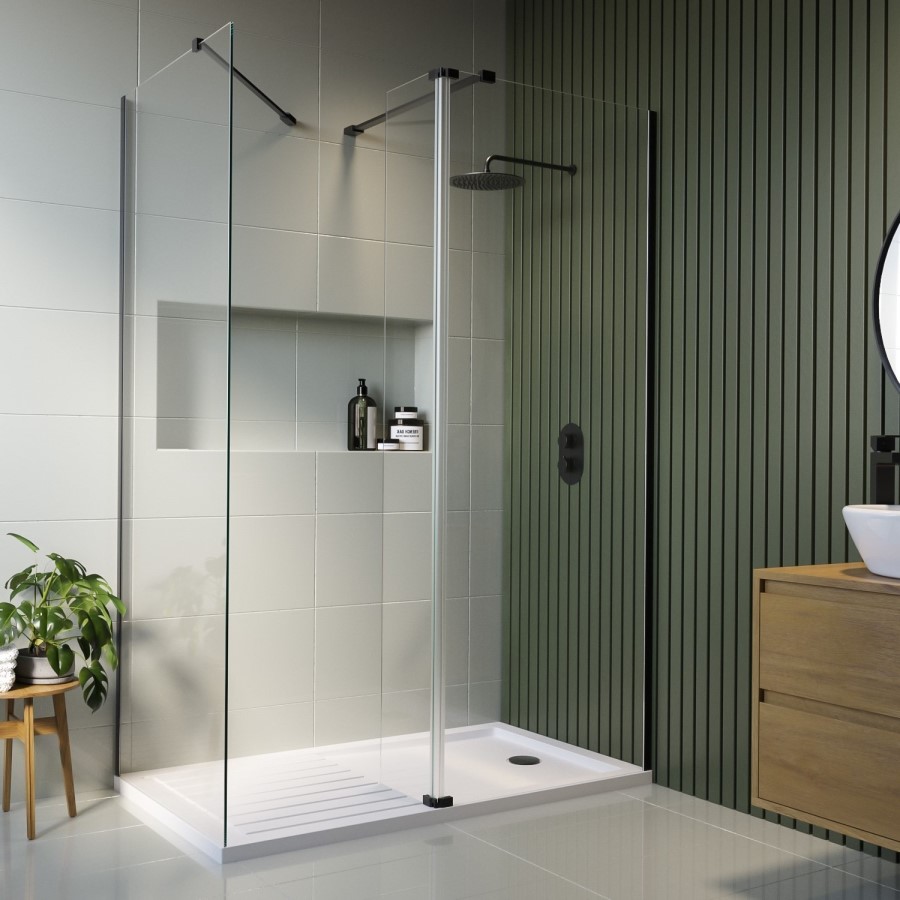 1700x800mm Black Walk-In Shower Screen Enclosure with 300mm Hinged Return Panel and Shower Tray – Corvus