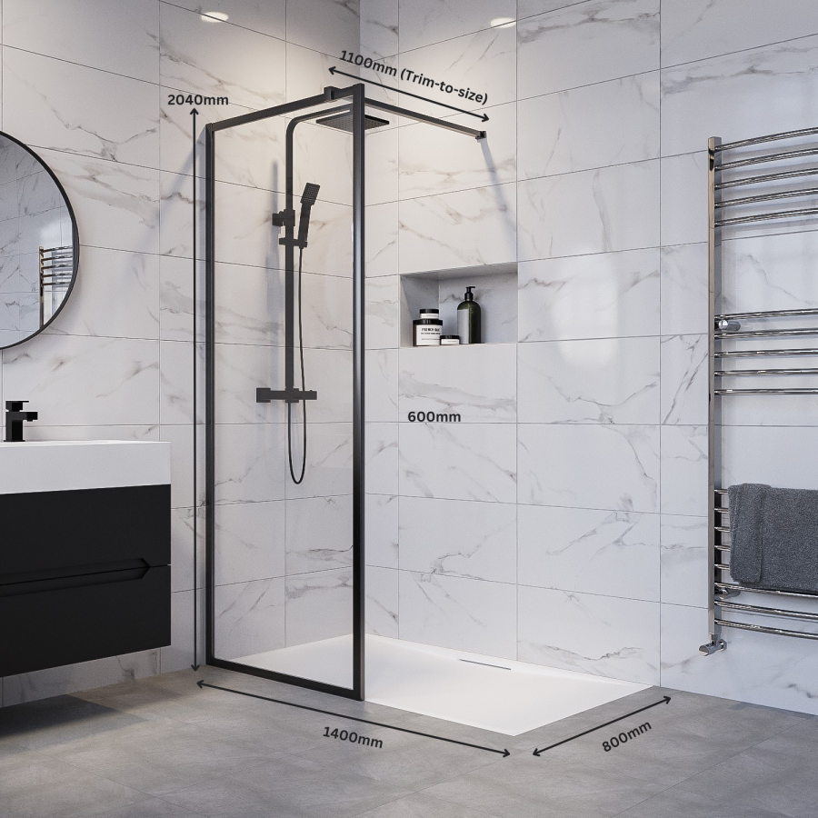 1400x800mm Black Framed Wet Room Shower Screen with Shower Tray - Zolla