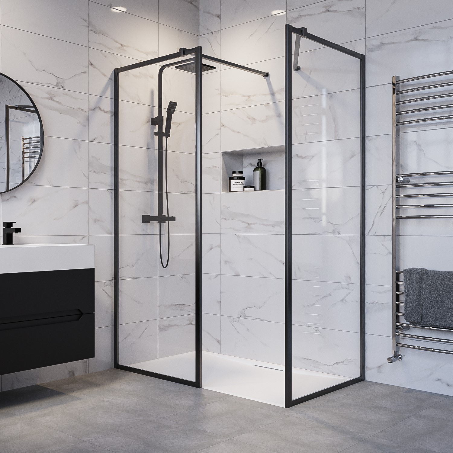1400x800mm Black Framed Walk In Shower Enclosure with Shower Tray and Hidden waste - Zolla - Better Bathrooms