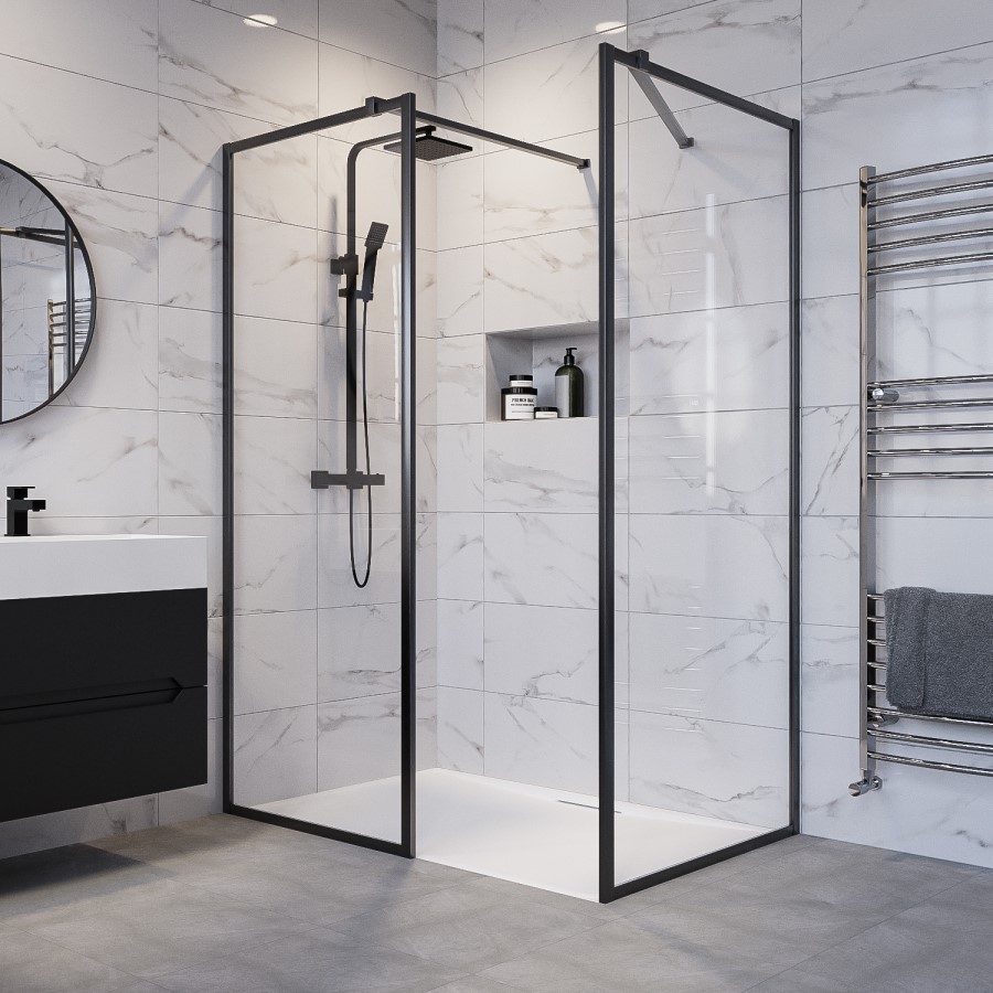 1400x900mm Black Framed Walk In Shower Enclosure and ShowerTray with Hidden Waste - Zolla