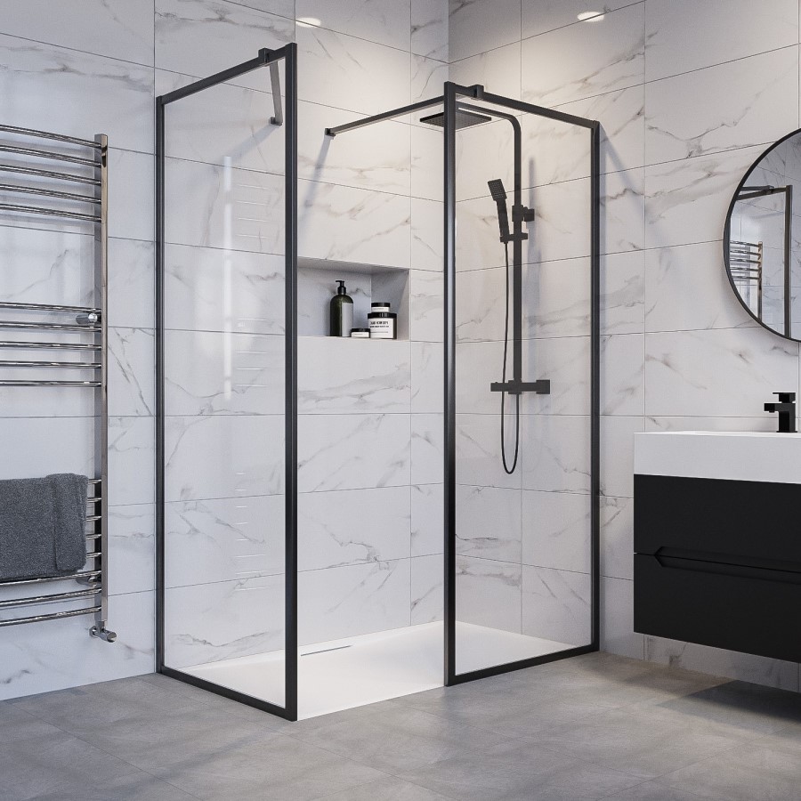 1400x900mm Black Framed Walk In Shower Enclosure and ShowerTray with Hidden Waste - Zolla