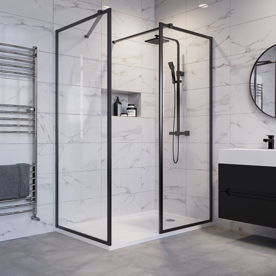 1400x800mm Black Framed Walk In Shower Enclosure and Shower Tray with Drying Area - Zolla