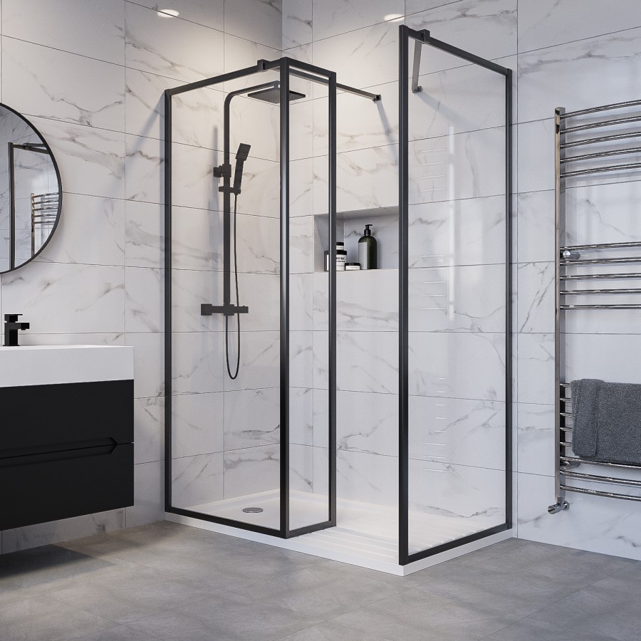 1400x800mm Black Framed Walk In Shower Enclosure with 300mm Fixed Panel and Shower Tray - Zolla