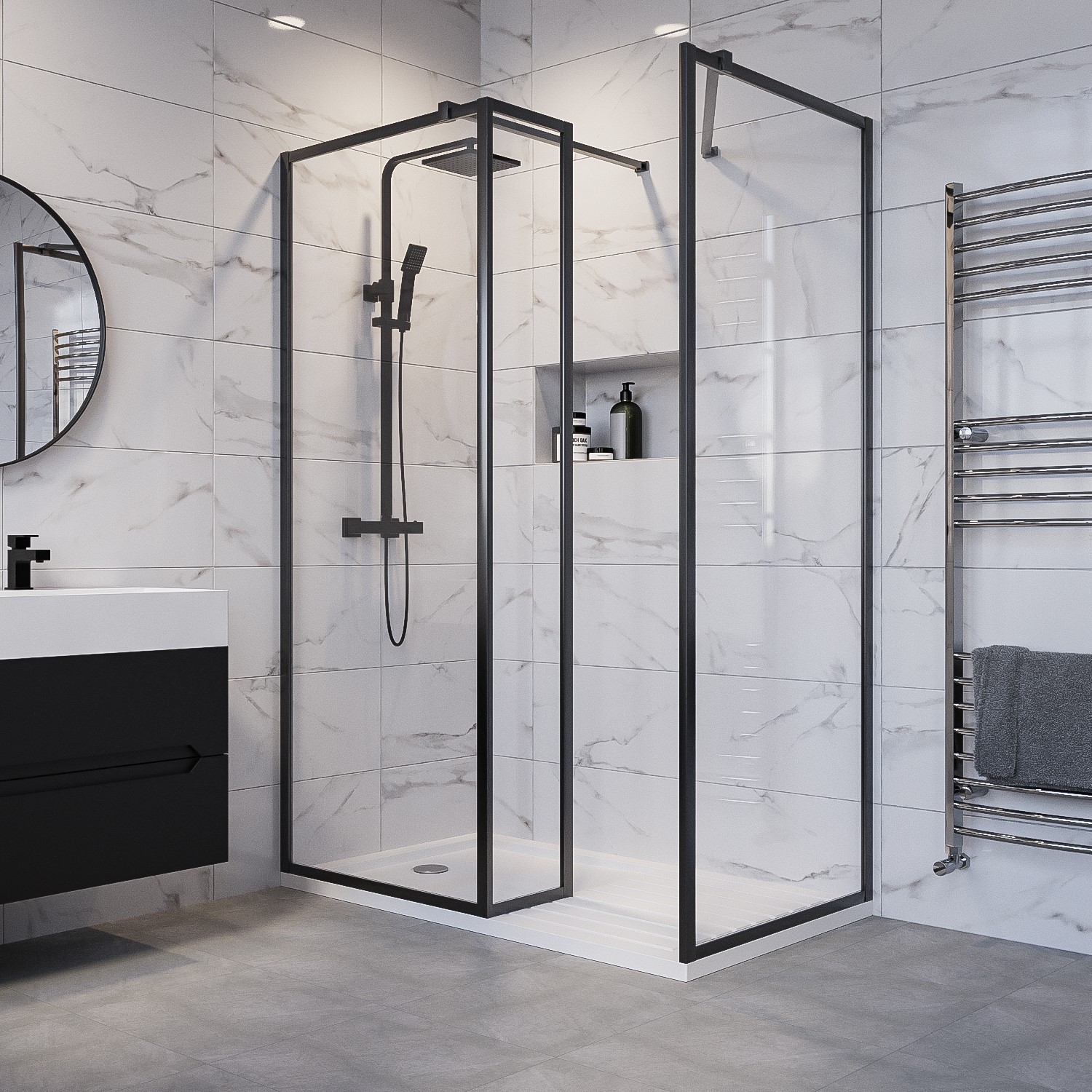 1400x800mm Black Framed Walk In Shower Enclosure with Return Panel and Shower Tray - Zolla