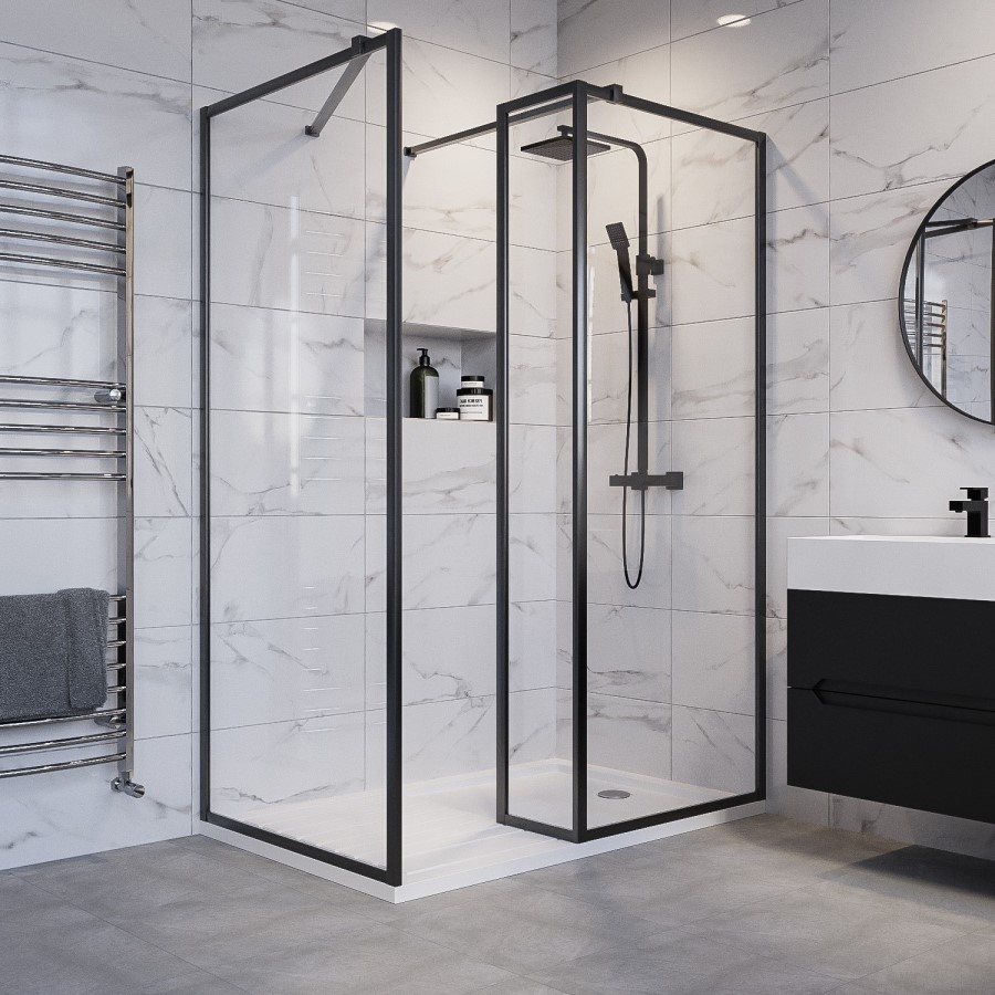 1400x800mm Black Framed Walk In Shower Enclosure with 300mm Fixed Panel and Shower Tray - Zolla
