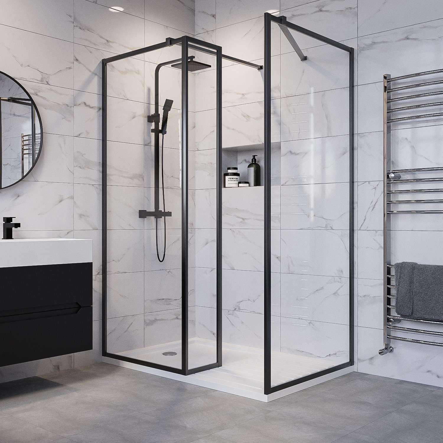 1400x900mm Black Framed Walk In Shower Enclosure with Return Panel and Shower Tray - Zolla
