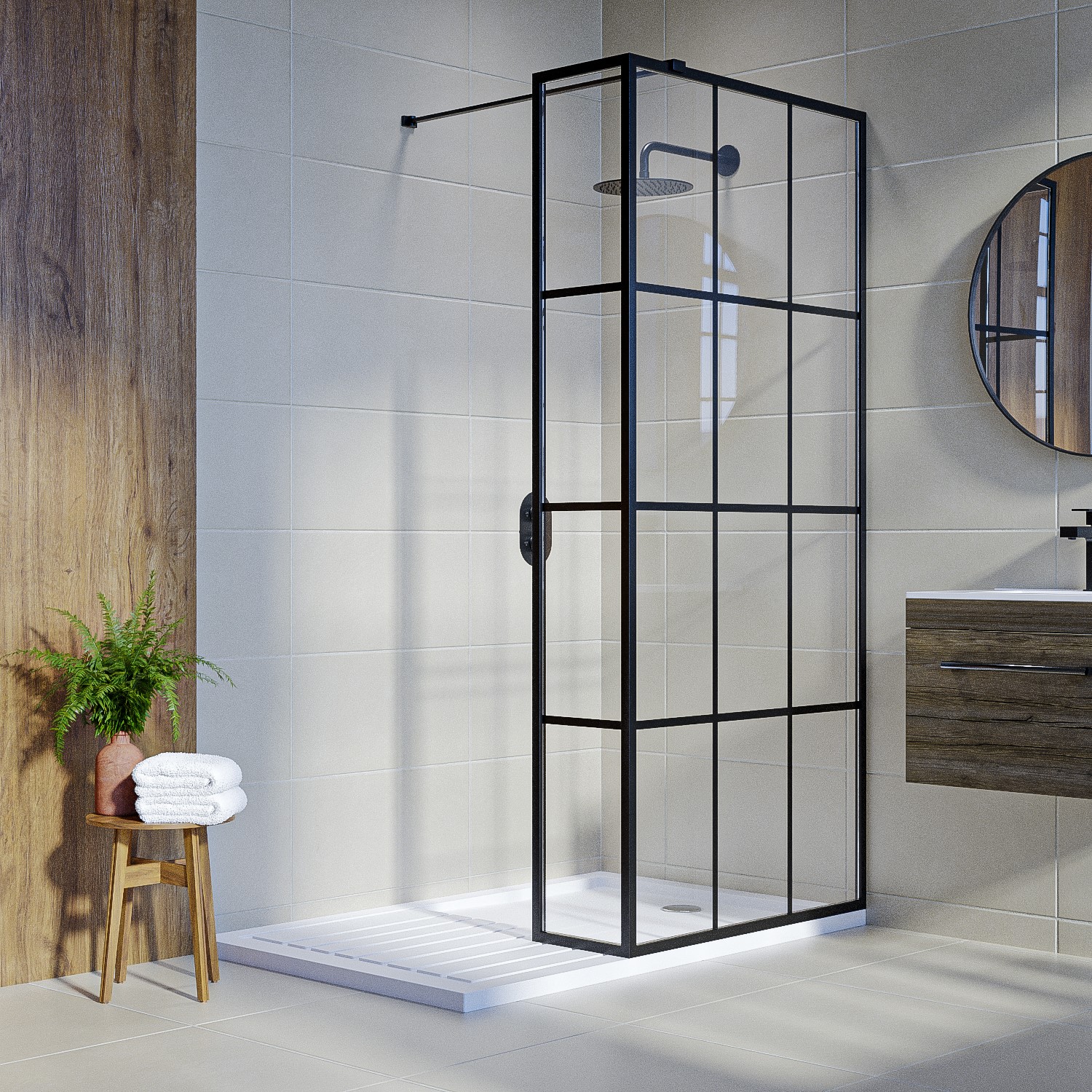 800mm Black Grid Framework Wet Room Shower Screen with 300mm Fixed ...