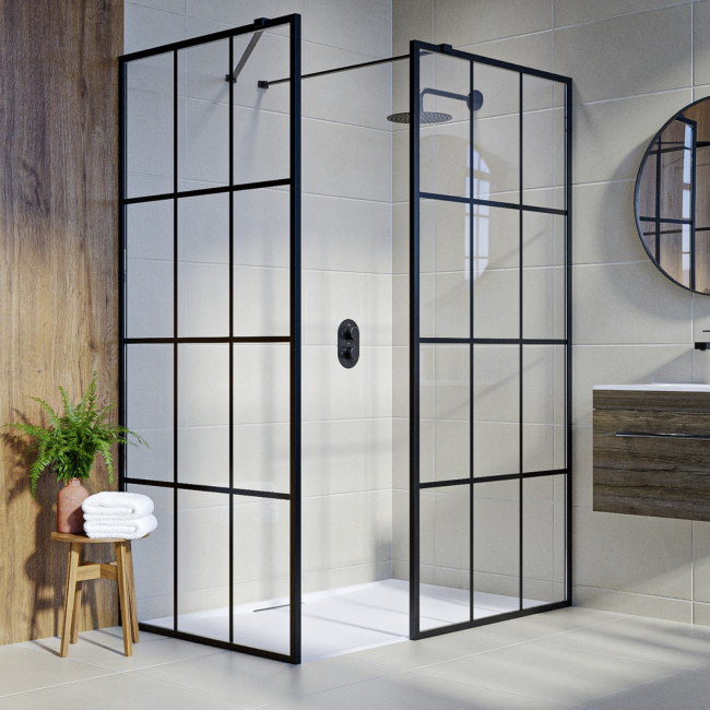 1400x900mm Black Grid Walk In Shower Enclosure and Shower Tray