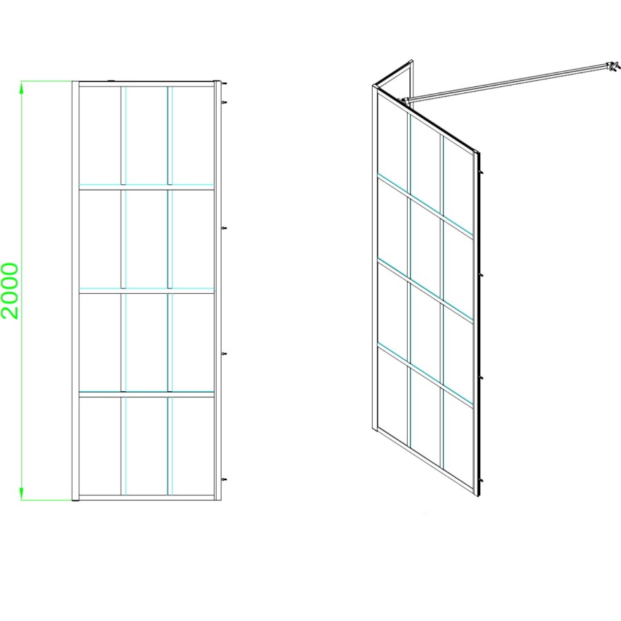 1400mm Black Grid Framework Wet Room Shower Screen with Return Panel - Nova