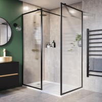 1400x900mm Black Fluted Walk In Shower Enclosure and Shower Tray with Drying Area - Volan