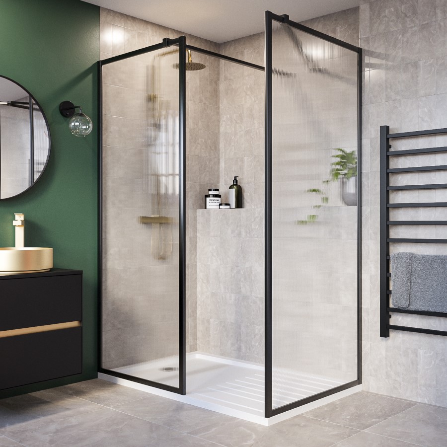 1400x900mm Black Fluted Walk In Shower Enclosure and Shower Tray with Drying Area - Volan