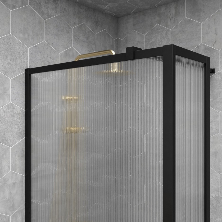 1000 Black Fluted Glass Wet Room Screen with Return Panel Volan