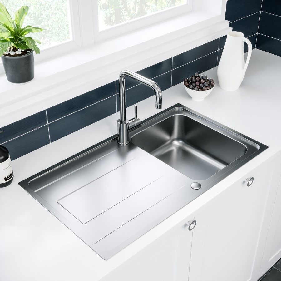 GRADE A1 - Single Bowl Chrome Stainless Steel Kitchen Sink with Reversible Drainer- Enza Isabella 860 x 500