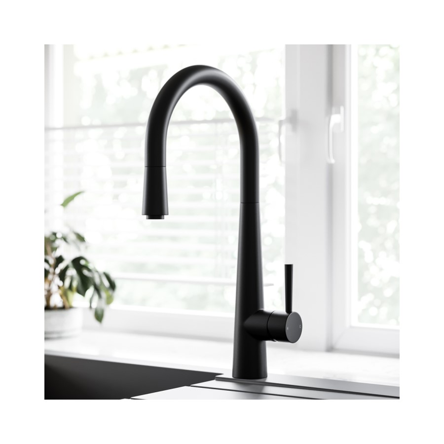1.5 Bowl Black Reversible Composite Inset Kitchen Sink with Pull Out Kitchen Mixer Tap Set - Essence