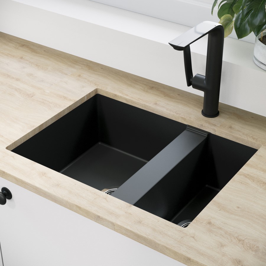 1.5 Bowl Black Granite Composite Undermount Kitchen Sink with Mixer Tap Set - Enza