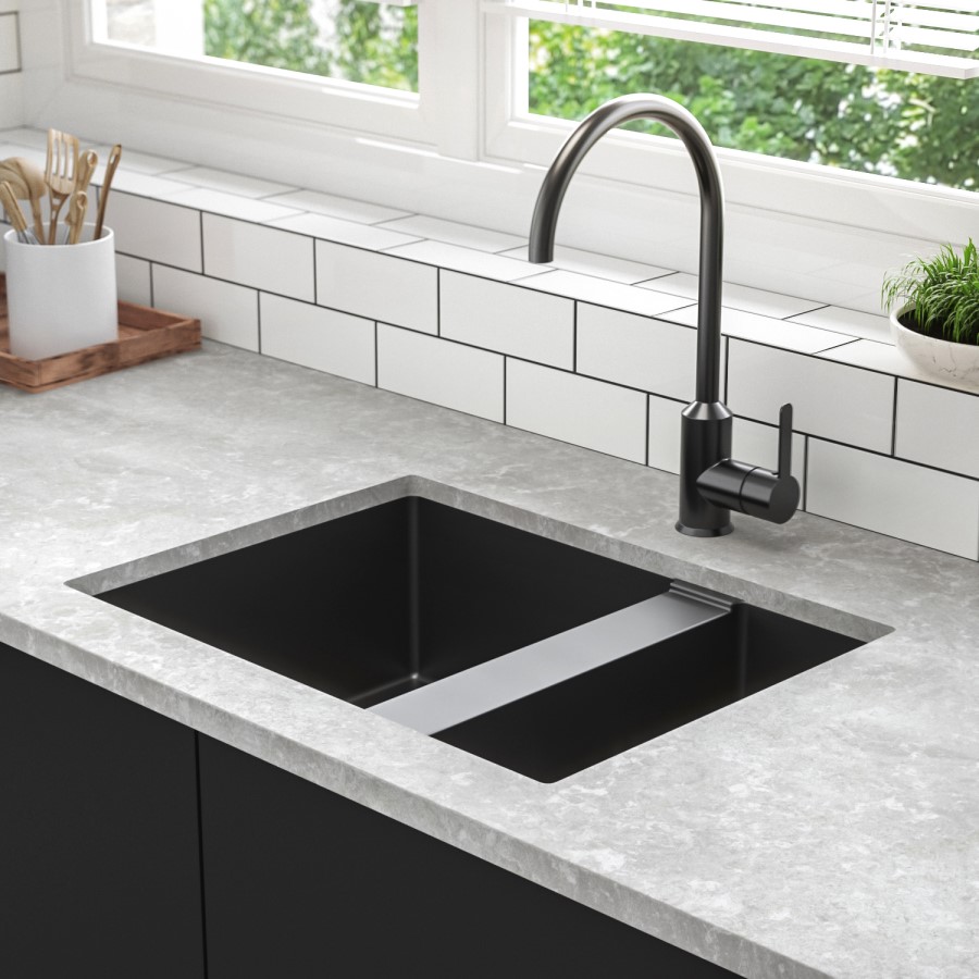 GRADE A1 - 1.5 Bowl Undermount Black Granite Composite Kitchen Sink Reversible - Enza Madison