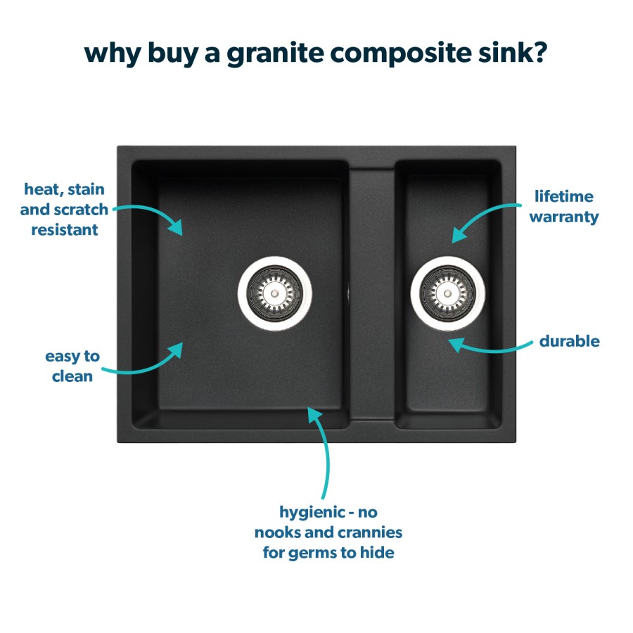 GRADE A1 - 1.5 Bowl Undermount Black Granite Composite Kitchen Sink Reversible - Enza Madison