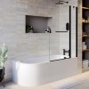 J Shape Shower Bath Right Hand with Front Panel &amp; Black Bath Screen with Towel Rail 1700 x 750mm - Jersey