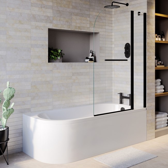 J Shape Shower Bath Right Hand with Front Panel & Black Bath Screen with Towel Rail 1700 x 750mm - Jersey