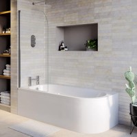 J Shape Shower Bath Left Hand with Front Panel & Chrome Bath Screen 1700 x 750mm - Jersey J Shape Shower Bath Left Hand with Front Panel & Chrome Bath Screen 1700 x 750mm - Jersey