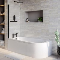 J Shape Shower Bath Left Hand with Front Panel & Black Bath Screen with Towel Rail 1700 x 750mm - Jersey J Shape Shower Bath Left Hand with Front Panel & Black Bath Screen with Towel Rail 1700 x 750mm - Jersey