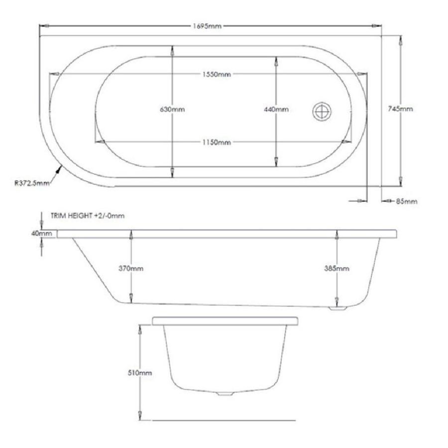 J Shape Shower Bath Left Hand with Front Panel & Black Bath Screen with Towel Rail 1700 x 750mm - Jersey