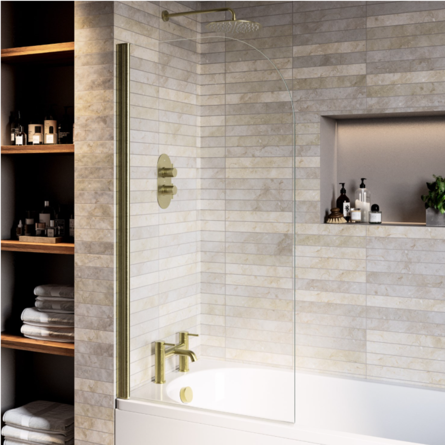 Jersey J Shaped Left  Hand Bath 1700mm x 750 with Front Panel and Hinged Brushed Brass Screen