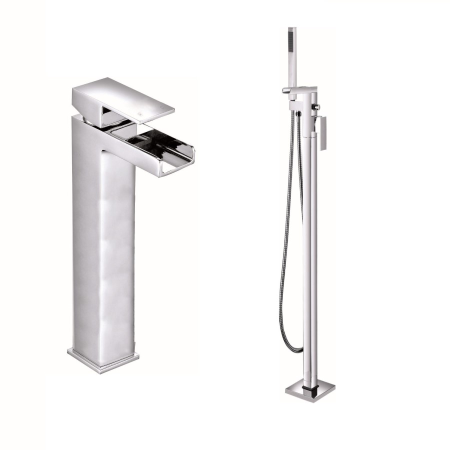 Chrome Tall basin tap and freestanding bath filler tap pack - Quadra