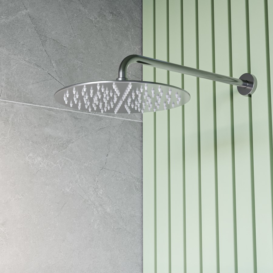 200mm Chrome Ultra Slim Round Rainfall Shower Head with Wall Arm