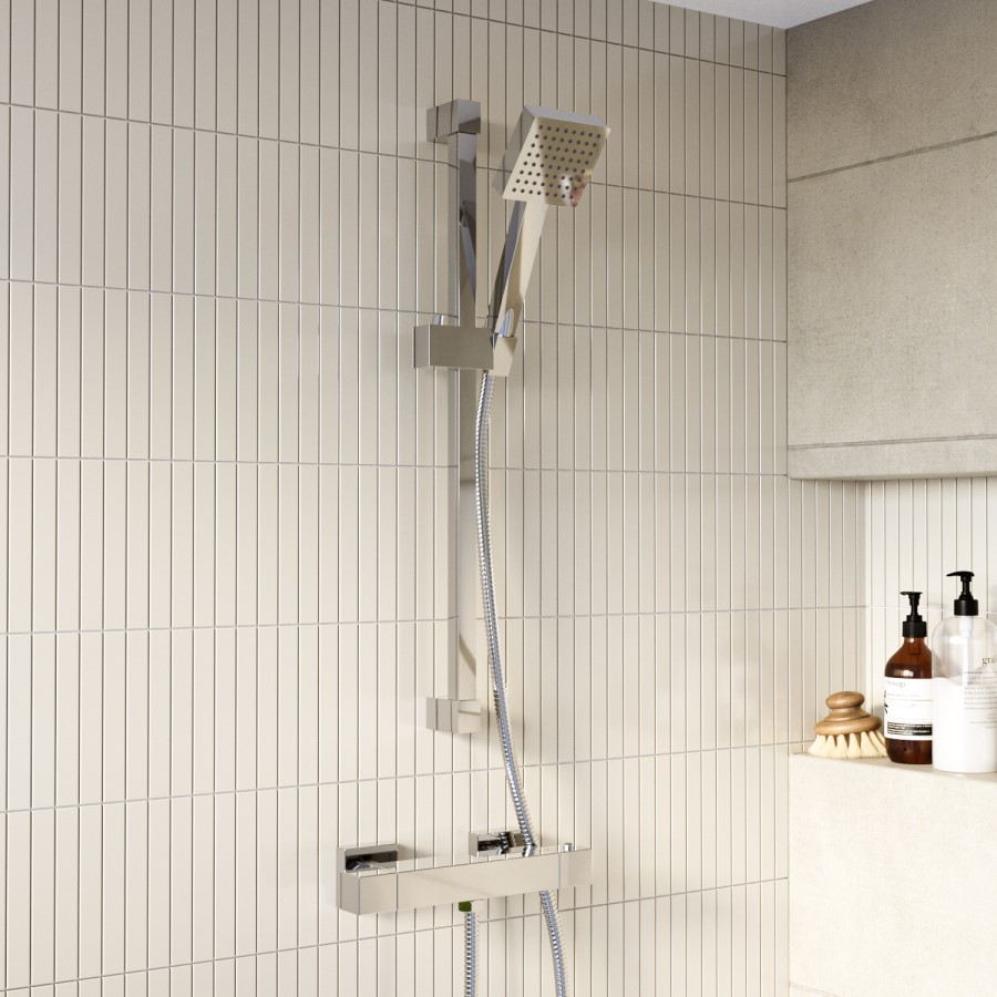 Grade A1 - Black Thermostatic Square Bar Mixer Shower Set with Slide Rail Kit - Cube