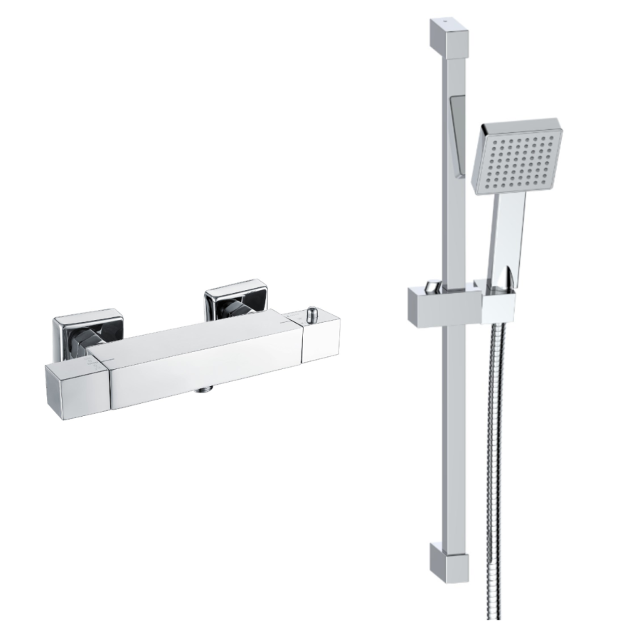 Grade A1 - Black Thermostatic Square Bar Mixer Shower Set with Slide Rail Kit - Cube