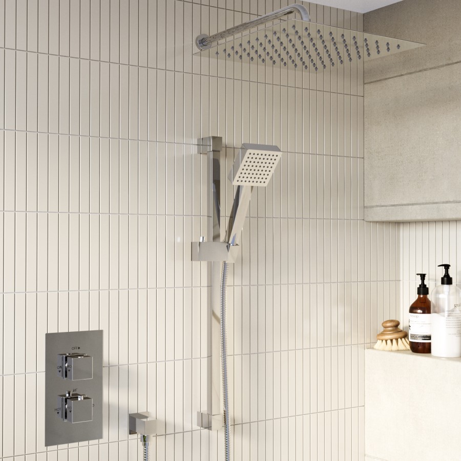 Chrome 2 Outlet  Wall Mounted Thermostatic Mixer Shower Set with Hand Shower - Cube