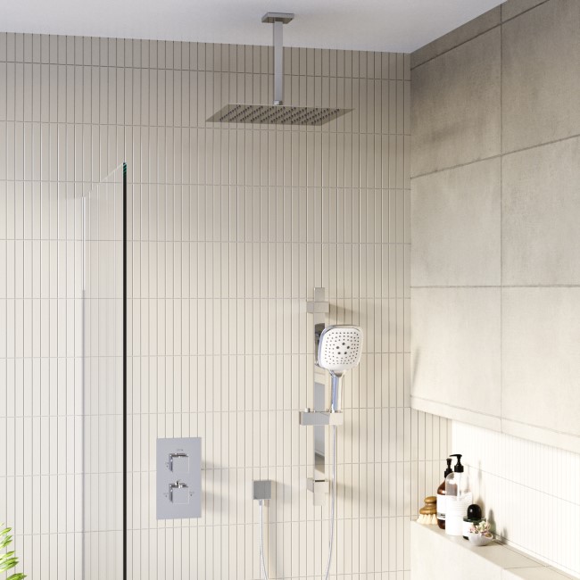 Chrome Dual Outlet Ceiling Mounted Thermostatic Mixer Shower  with Hand Shower - Cube