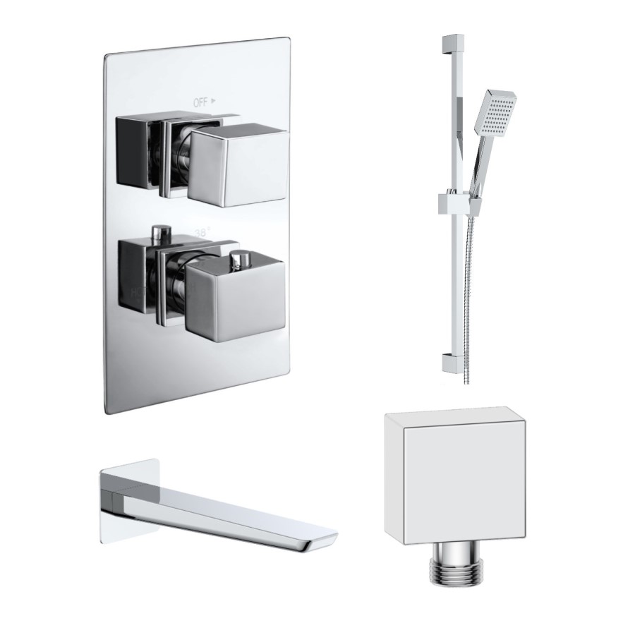 Chrome 2 Outlet Thermostatic Bath Mixer Shower Set With Hand Shower and Bath Filler Spout - Zana