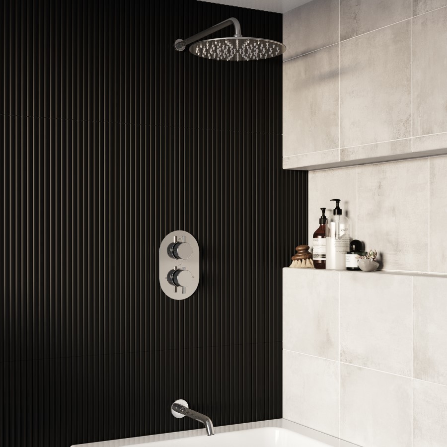 Chrome 2 Outlet Thermostatic Bath Mixer Shower Set With 300mm Wall Mounted Shower Head and Bath Filler Spout - Arissa