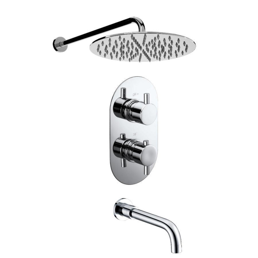 Chrome 2 Outlet Thermostatic Bath Mixer Shower Set With 300mm Wall Mounted Shower Head and Bath Filler Spout - Arissa
