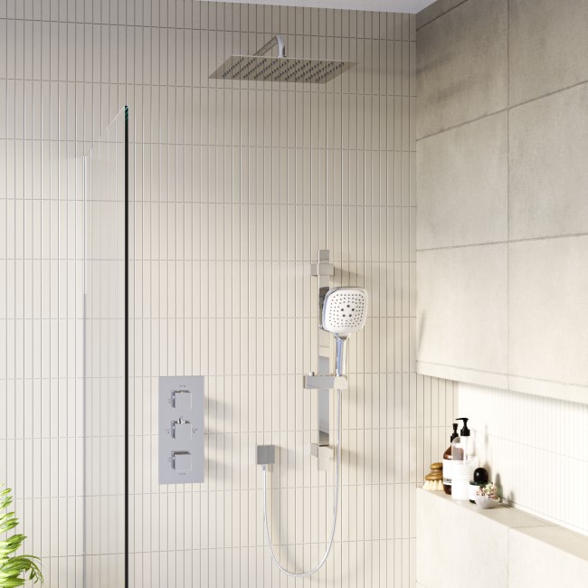Chrome Dual Outlet Thermostatic Mixer Shower with Square Wall Mounted Shower Head and Handset - Cube