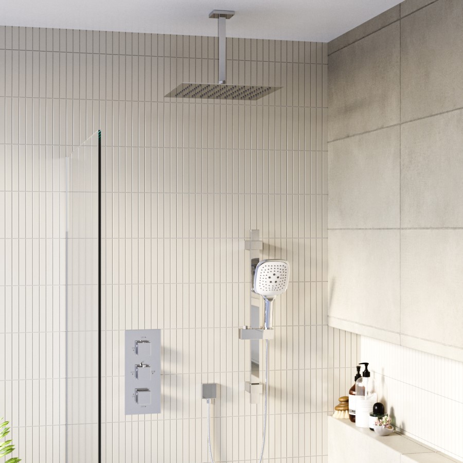 Chrome Dual Outlet Thermostatic Mixer Shower with Square Ceiling Mounted Shower Head and Handset - Cube