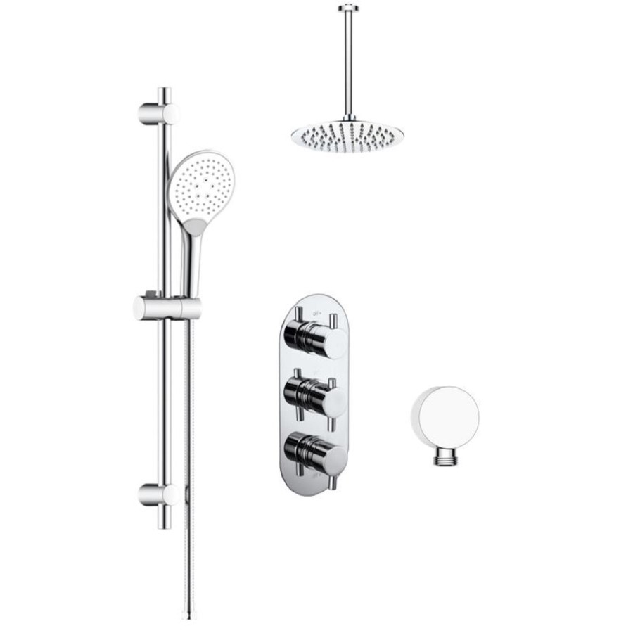 Concealed Thermostatic Mixer Shower with Ceiling Shower Head & Round Handset - Flow